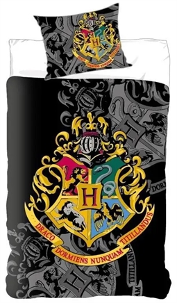 Harry Potter sengetøj 140x200 cm - Harry Potter - Guldfarvet Hogwarts våbenskjold - 2 i 1 design - 100% bomuld